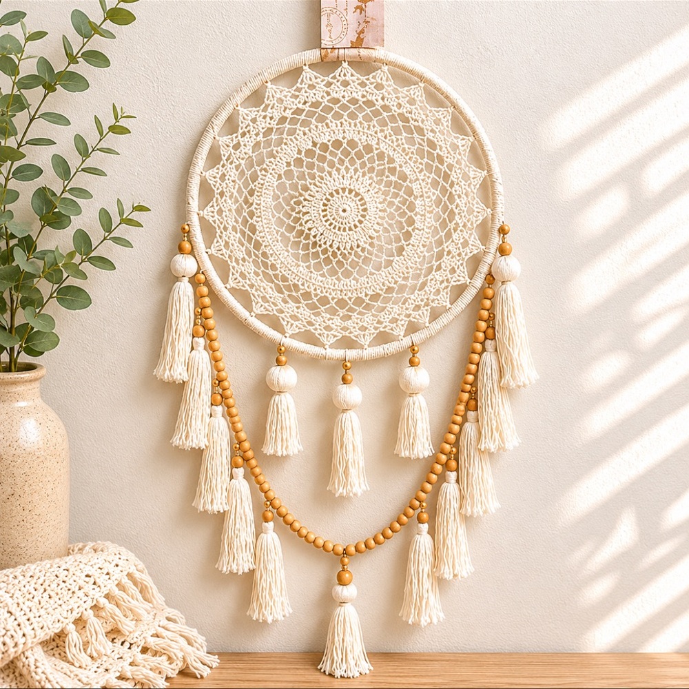 Cream Boho Dreamcatcher Wall Hanging w/ Tassels & Wood Beads NWT